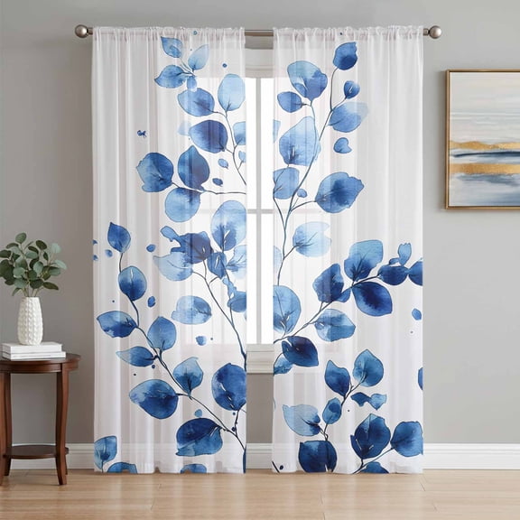 Watercolor Floral Sheer Curtains 63 Inch Length 2 Panels Set, Blue Verdant Flower Patterns Voile Window Treatment Rod Pocket Curtains Sheers Drapes for Bedroom/Living Room/Kitchen 52x"63"x2