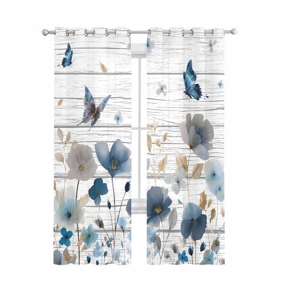 Watercolor Floral Sheer Curtains 84 Inch Length 2 Panels Set for Living Room/Bedroom, Blue Flowers Butterflies Spring Wood Grain Kitchen Curtains Grommet Curtains Window Treatments 52"x84"x2