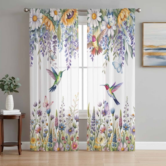 Watercolor Floral Sheer Curtains 84 Inch Length 2 Panels Set, Spring Daisy Sunflowers Wisteria Hummingbird Voile Window Treatment Curtains Sheers Drapes for Bedroom/Living Room/Kitchen 52"x84"x2