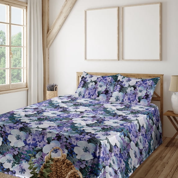 Ambesonne Watercolor Floral Fitted & Flat Sheet with Shams 4 Pcs Set, Spring Wildflower, Queen, Violet Grey Teal Indigo