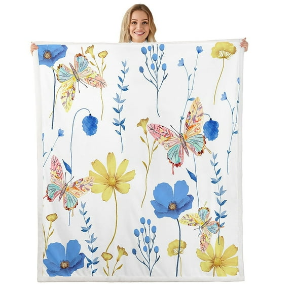 Watercolor Floral Sherpa Blanket Twin Size For Women, Blue Yellow Butterfly Throw Blanket For Kids Teens Adult Bedroom, Rustic Farmhouse Fleece Blanket Flower Branches Pastoral Flannel Blanket