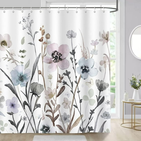 Watercolor Floral Shower Curtain for Bathroom Grey Pink Flower Gorgeous Decorative Bath Curtain 72 x 72 Inch Polyester Fabric Waterproof Bathroom Curtain with 12 Hooks