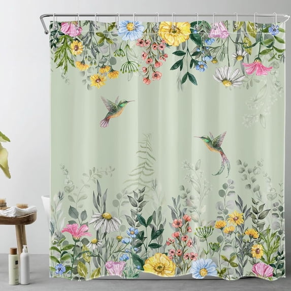 Watercolor Floral Shower Curtain for Bathroom,Hummingbird and Colorful Flower with Eucalyptus Leaf on Sage Green Fabric Shower Curtain with Hooks,Plant Bathroom Curtain Shower Set, 72" W x 72" L