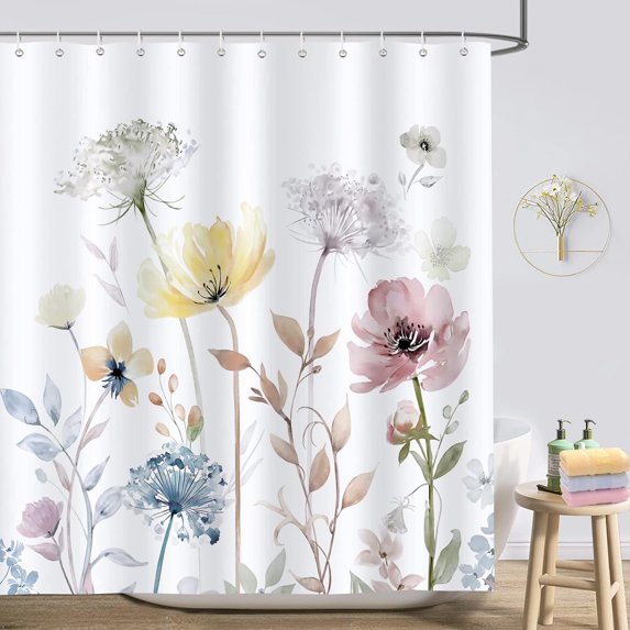 Watercolor Floral Shower Curtain for Bathroom Yellow Pink Flower Decorative Bath Curtain 72 x 72 Inch Polyester Fabric Waterproof Bathroom Curtain with 12 Hooks