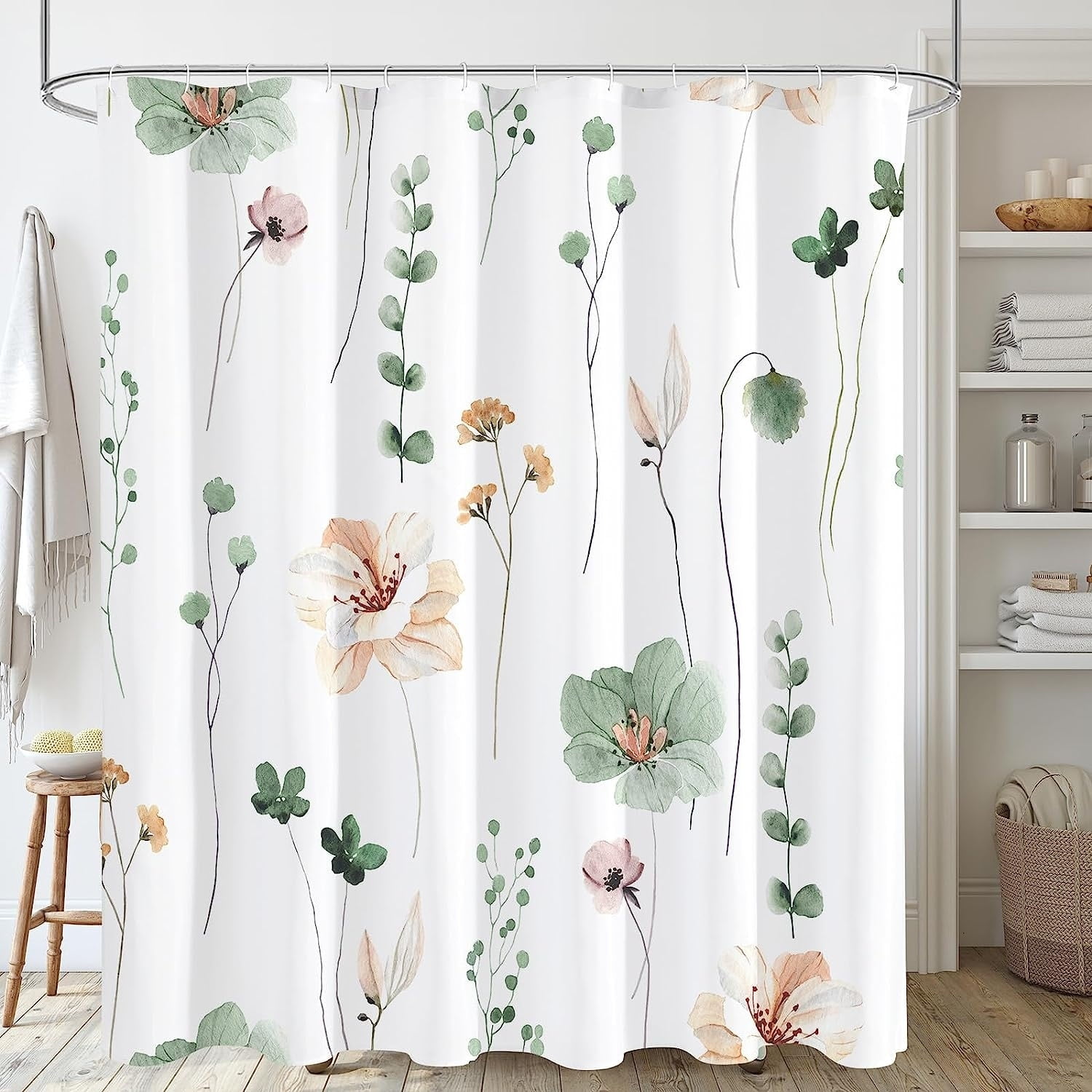 Watercolor Floral 72" White and Green Polyester Shower Curtain