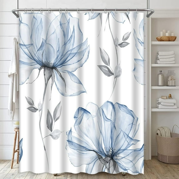 Watercolor Floral Shower Curtain, Blue Grey Flower Leaves Shower Curtain Set Modern Minimalist White Fabric Shower Curtain for Bathroom Decor Waterproof with Hooks 72x72 Inch