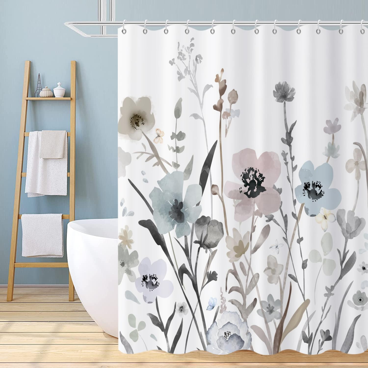 Pink Grey Watercolor Floral Shower Curtain 72x72 Inch – Minimalist Bathroom Decor With 12 Hooks - View #4