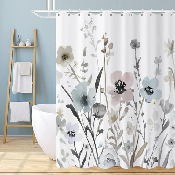 Watercolor Floral Shower Curtain, Blue Pink Flower with Grey Brown Leaf Plants Farmhouse Bathroom Curtain Home Decor Waterproof Fabric Machine Washable with 6PCS Hooks,36" Wx72 L