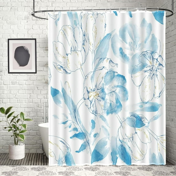 Watercolor Floral Shower Curtain, Blue Tulips Flower Shower Curtain for Bathroom, Modern Minimalist White Waterproof Fabric Shower Curtain Set with Hooks 72x72 Inch