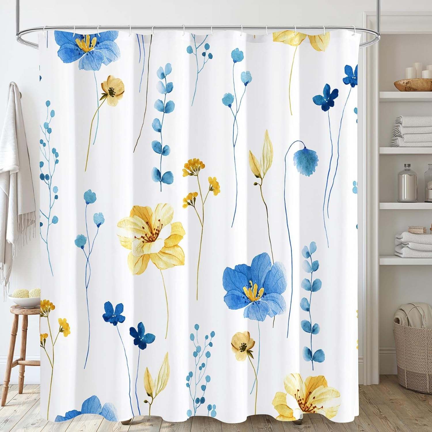 Watercolor Floral Shower Curtain, Blue Yellow Flower Shower Curtain for