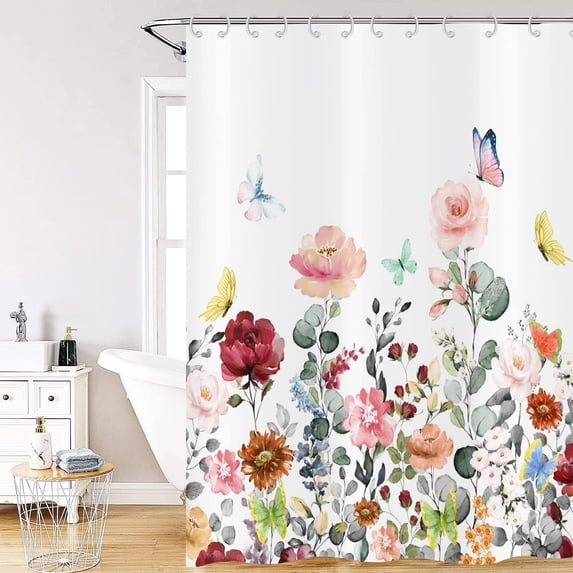 Watercolor Floral Shower Curtain, Colorful Wild Flowers with Butterflies Green Leaf Rustic Bathroom Curtain Home Decor Waterproof Fabric Machine Washable with Hooks, 72"x84"