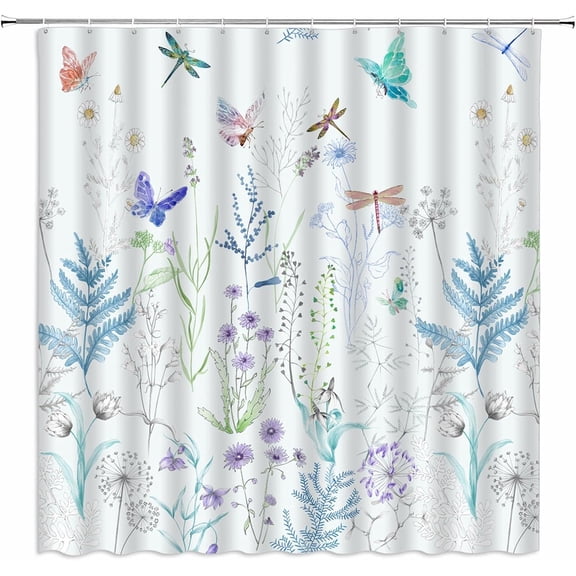 Watercolor Floral Shower Curtain Dragonfly Butterfly Wildflower Plant Purple Blue Colorful Fabric Bathroom Decor Set with Hooks-72"W x 72"L (Pack of 1)