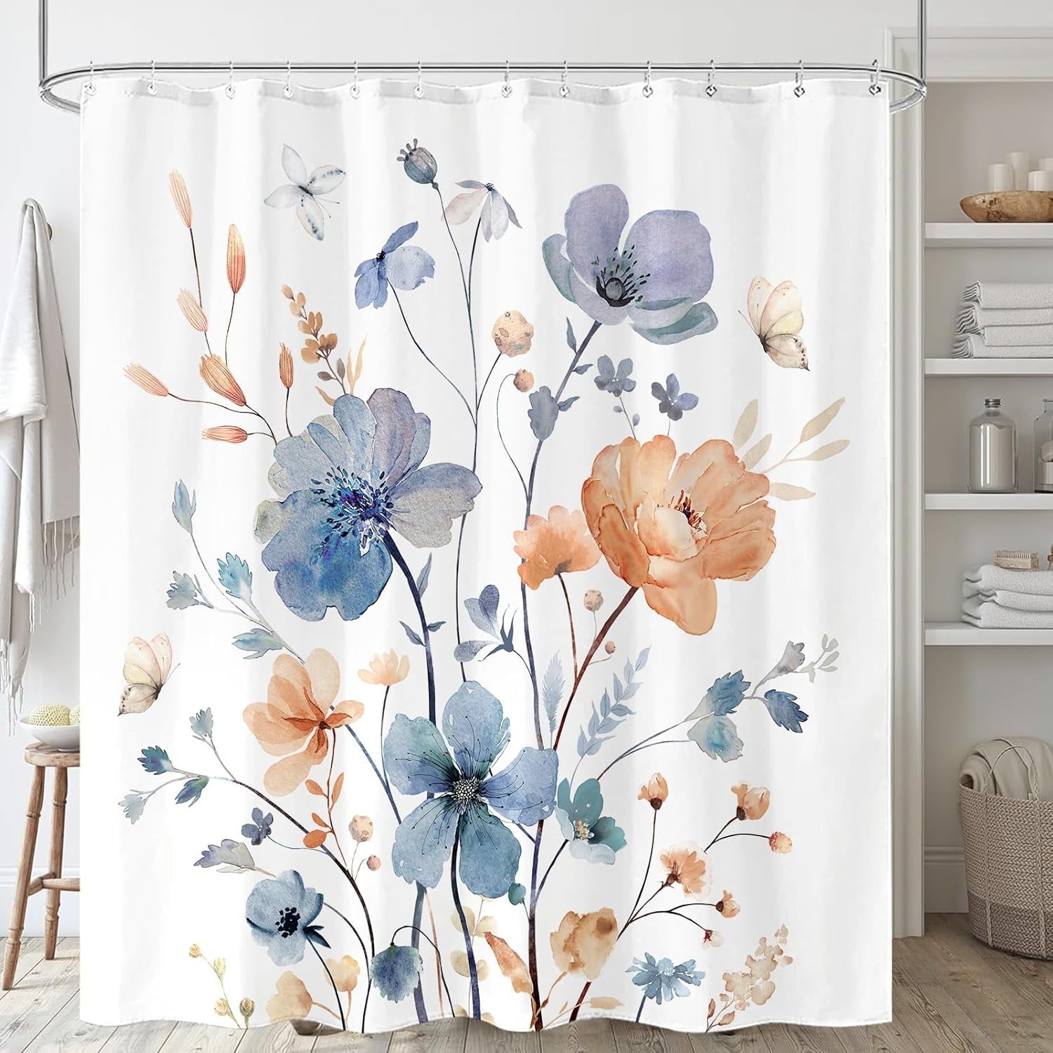 Watercolor Floral Shower Curtain Gray Beige Flower Shower Curtains for