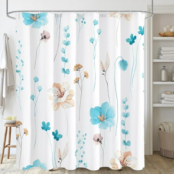Watercolor Floral Shower Curtain, Light Blue Beige Flower Shower Curtain for Bathroom, Modern Minimalist Waterproof Fabric Shower Curtain Set with Hooks 72x72 Inch