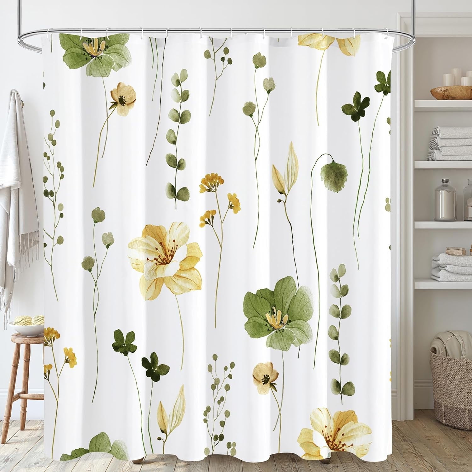 Watercolor Floral Shower Curtain, Olive Green Beige Flower Shower