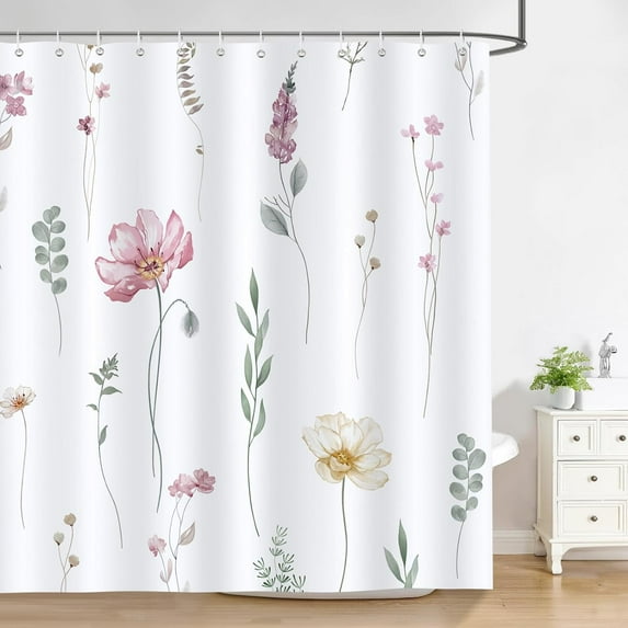 Watercolor Floral Shower Curtain Pink Beige Flower Green Leaves Modern Minimalist Decorative Bath Curtain 72 x 72 Inch Polyester Fabric Waterproof Bathroom Curtain with 12 Hooks