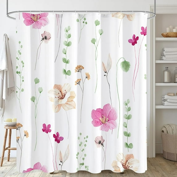 Watercolor Floral Shower Curtain, Pink Beige Flower Shower Curtain for Bathroom, Modern Minimalist Waterproof Fabric Shower Curtain Set with Hooks 72x72 Inch