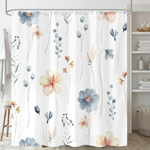 Watercolor Floral Shower Curtain Pink Coral Gray Flower Shower Curtains for Bathroom Modern Simple Grey Herb Plant Leaf Waterproof Fabric Bath Curtain Decor