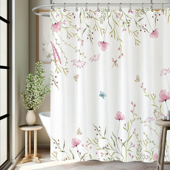 Watercolor Floral Shower Curtain Pink Floral Waterproof Washable Polyester Fabric Bathroom Shower Curtains with 12 Hooks for Bathroom 72x72 Inches
