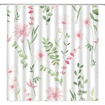 Watercolor Floral Shower Curtain Pink Flower Green Leaves Boho Plant Spring Fabric Bathroom Decor Set With Hooks 48"W x 72"L (Pack of 1)