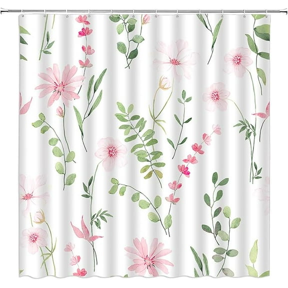 Watercolor Floral Shower Curtain Pink Flower Green Leaves Boho Plant Spring Fabric Bathroom Decor Set With Hooks 48"W x 72"L (Pack of 1)