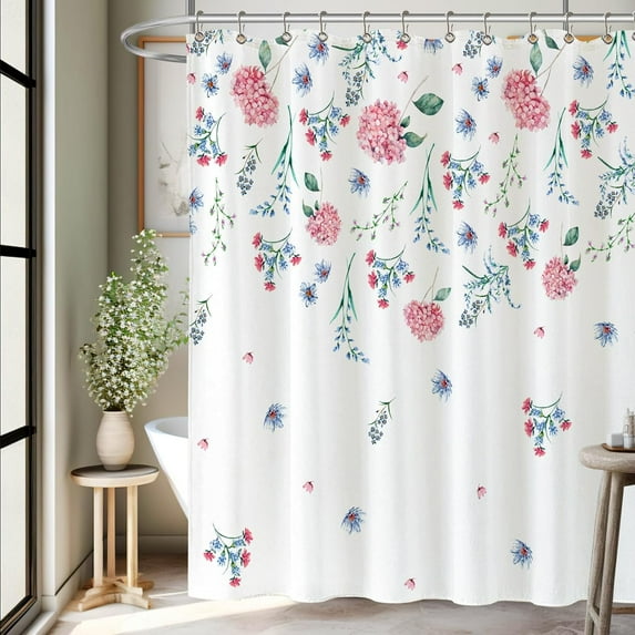 Watercolor Floral Shower Curtain Pink Hydrangea Waterproof Washable Polyester Fabric Bathroom Shower Curtains with 12 Hooks for Bathroom 72x72 Inches