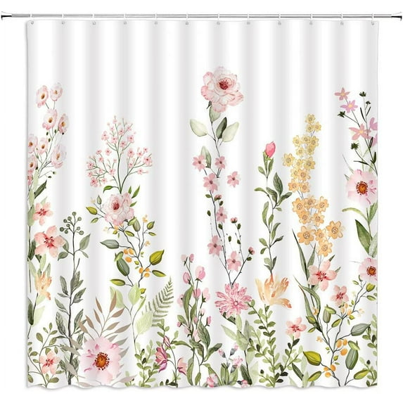 Watercolor Floral Shower Curtain Pink Wildflowers Green Leaves Spring Plant Nature Garden Retro Fabric Home Bathroom Decor Set with Hooks（70" Wx84 H）