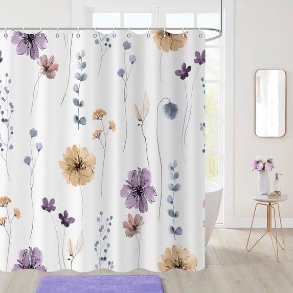 Watercolor Floral Shower Curtain, Purple Beige Blossom Flower Modern Minimalist Bathroom Curtain Home Decor Waterproof Fabric Machine Washable with 6PCS Hooks,36" Wx72 L
