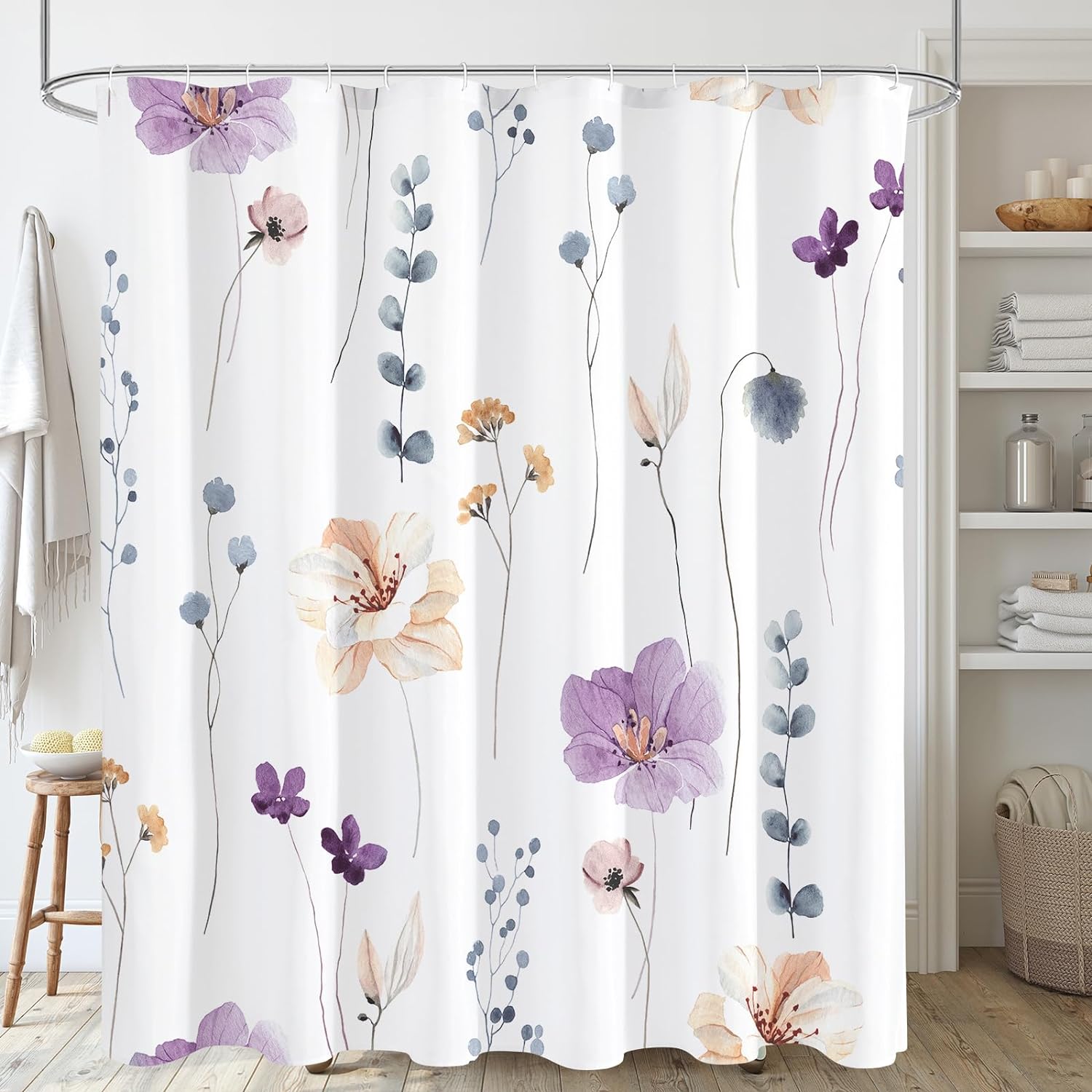 Tenda Doccia Con Fiori Di Lillà, Tessuto 150x180 Cm, Con Ganci, Lavabile In Lavatrice, Color Lilla Pallido