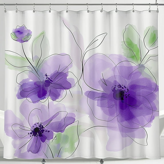 Watercolor Floral Shower Curtain Purple and Green Flowers on White Background with Gray and Blue Accents for Bathroom