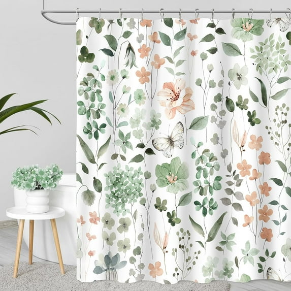 Watercolor Floral Shower Curtain, Sage Green Flower Fabric Shower Curtain for Bathroom, Cute Wildflower Butterfly Cloth Shower Curtain Set with Hooks, 72x72