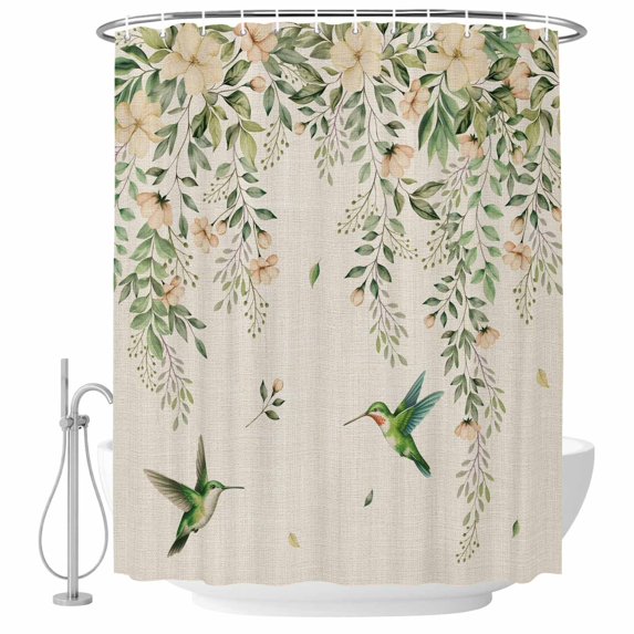 Watercolor Floral Shower Curtain Set - 48" x 72" Washable Bathtub Curtain with 12 Hooks, Spring Flowers Birds Plants Country Beige Waterproof Fabric Stall Shower Curtains for Bathroom/Bathtub Décor