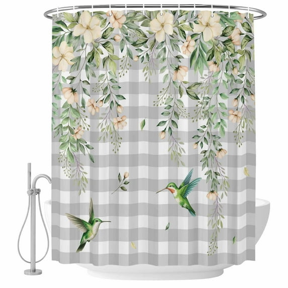 Watercolor Floral Shower Curtain Set - 72" x 78" Washable Bathtub Curtain with 12 Hooks, Spring Flowers Birds Plants Gray Plaid Waterproof Fabric Stall Shower Curtains for Bathroom/Bathtub Décor