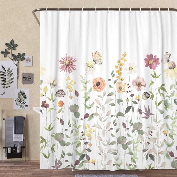 Watercolor Floral Shower Curtain Set, Colorful Flower Pastel Chic Wildflower Boho Shower Curtains for Bathroom, Farmhouse Floral Botanical Bathroom Decor Polyester Fabric with 12PCS Hooks, 70X70IN