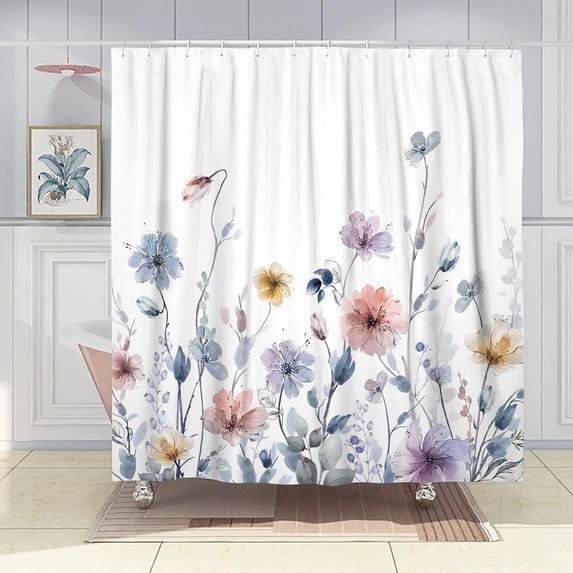 Watercolor Floral Shower Curtain Set, Colorful Flower Shower Curtains for Bathroom Pastel Wildflower Bathroom Decor Polyester Fabric-72" x 72"