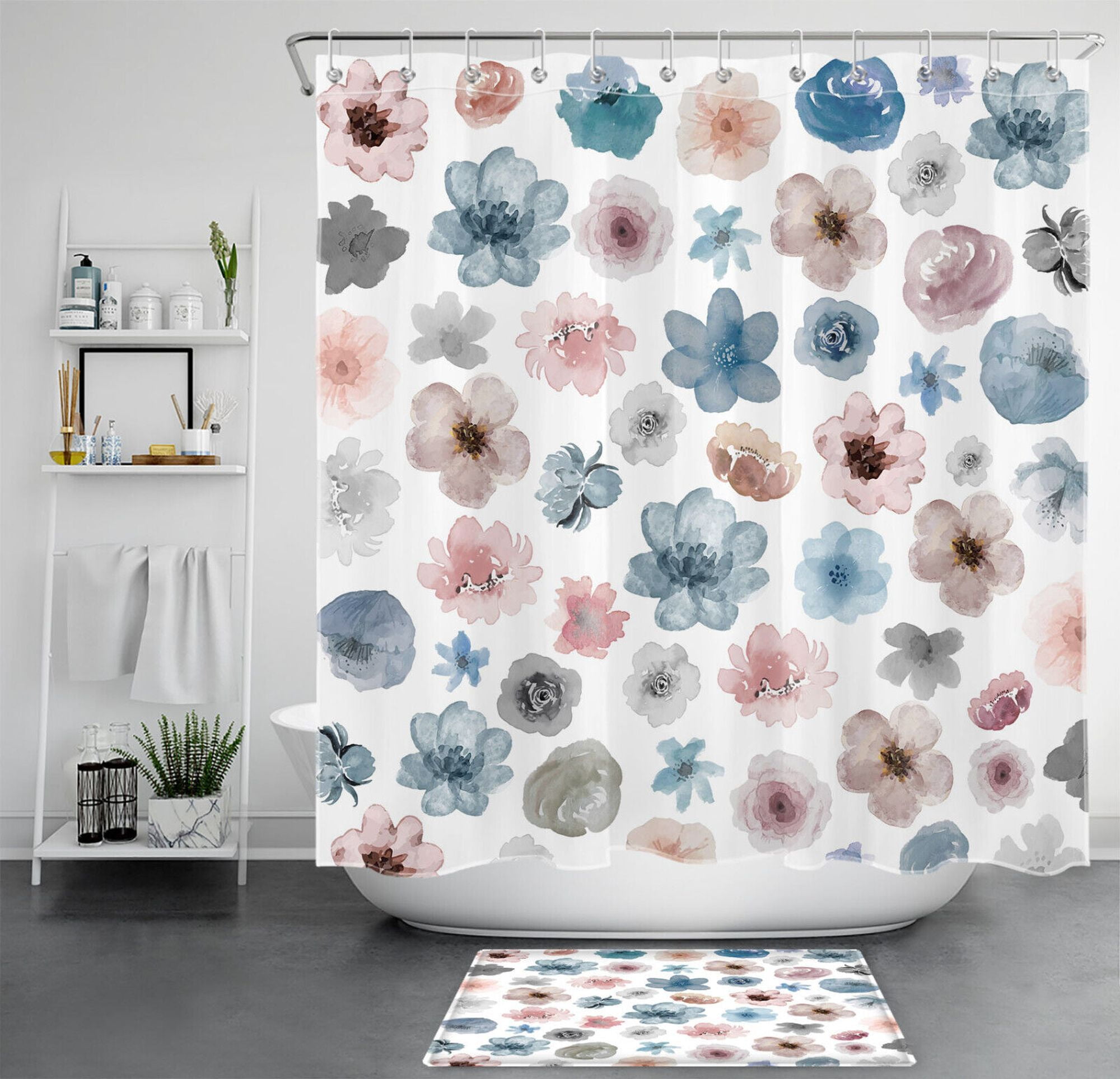 Watercolor Floral Shower Curtain Set - Elegant Blue and Pink Flowers for Stylish Bathroom Decor ...