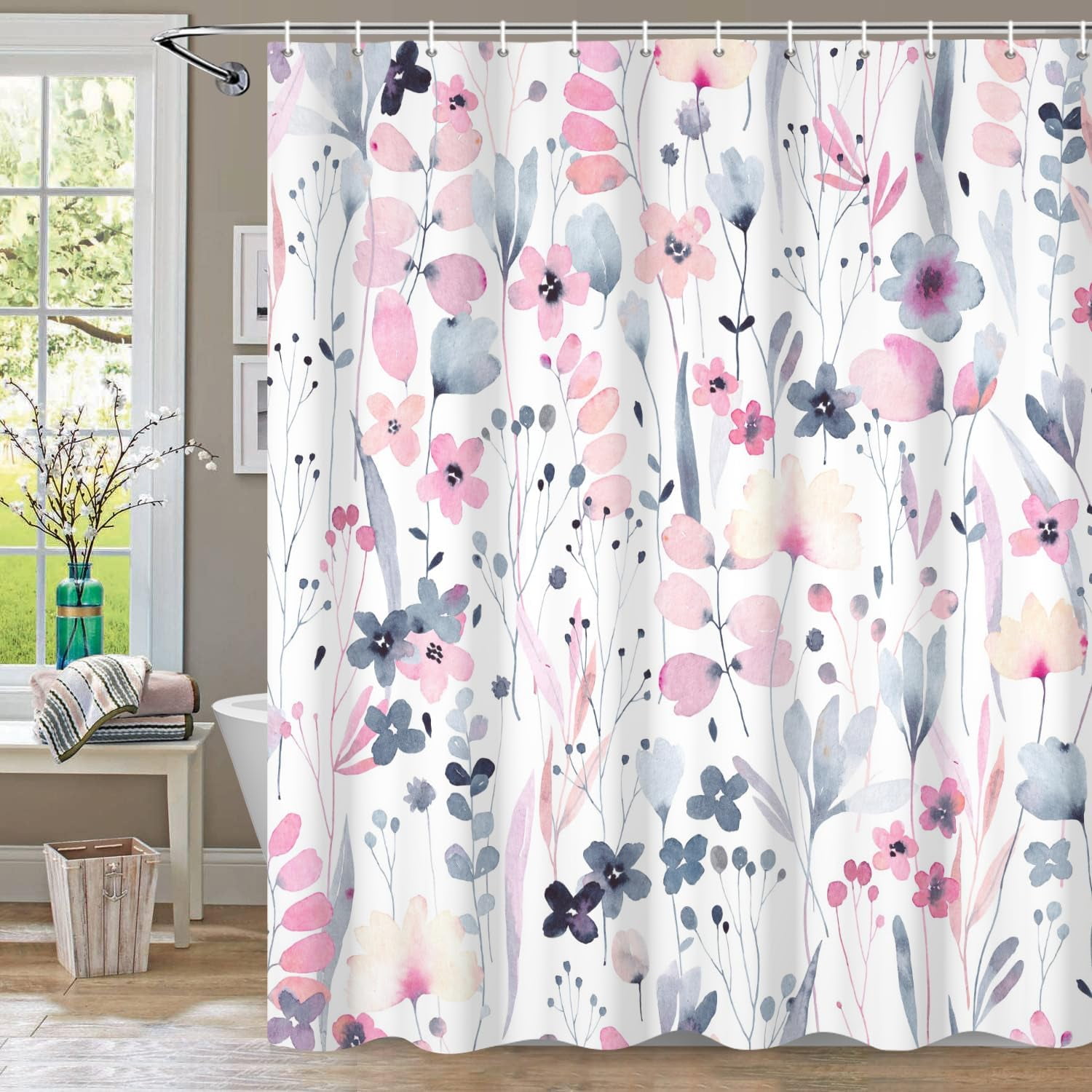 Watercolor Floral Shower Curtain Set Hot Pink Shower Curtains for ...