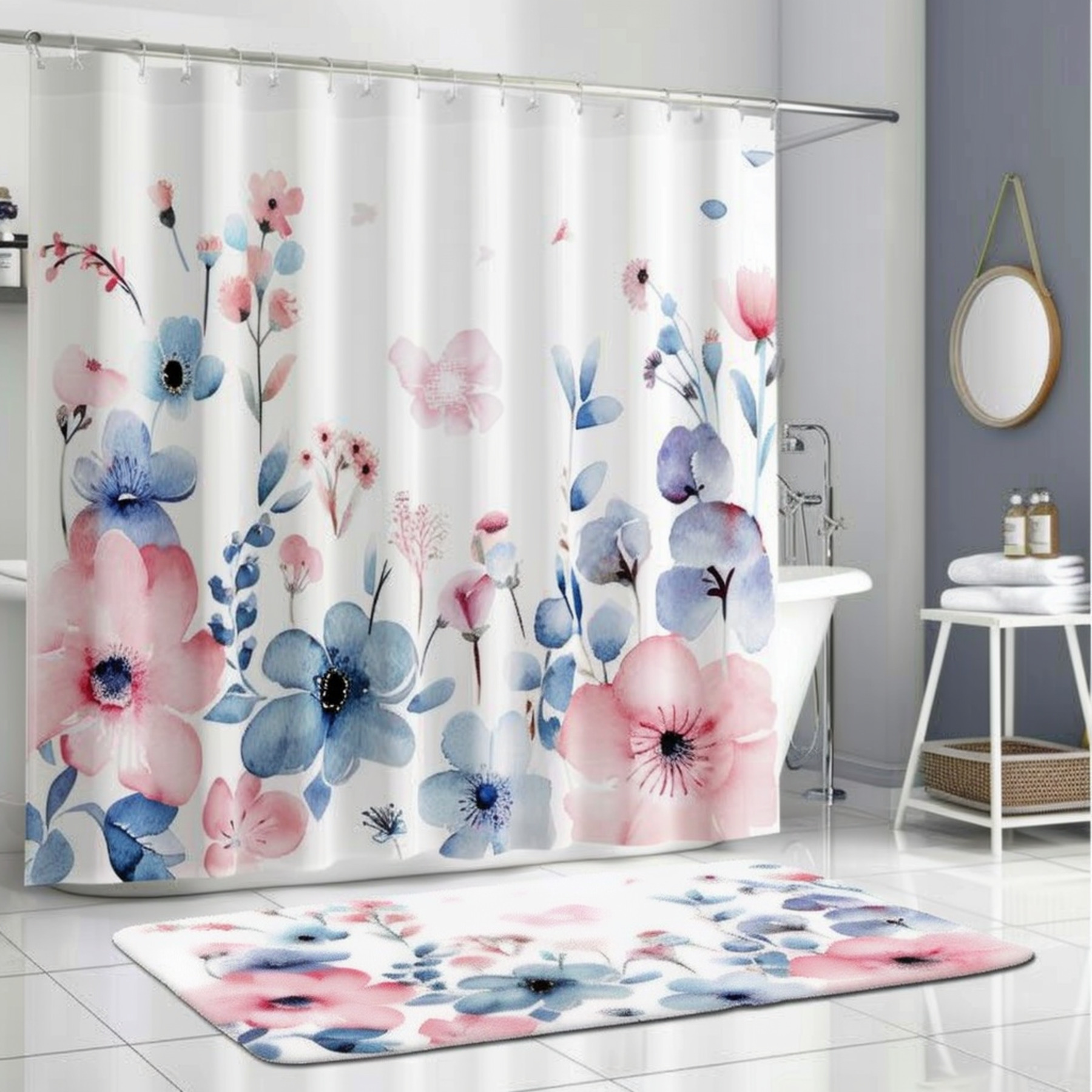 Watercolor Floral Shower Curtain Set White with Pastel Pink and Blue