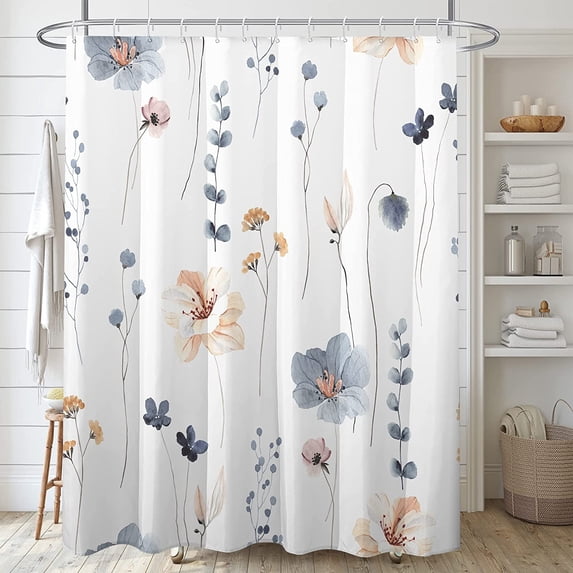 Watercolor Floral Shower Curtain Sets,Blue Beige Flowers Bathroom Curtains,Modern Minimalist White Bath Curtain, Waterproof Fabric with 12 Hooks 72x72 Inches