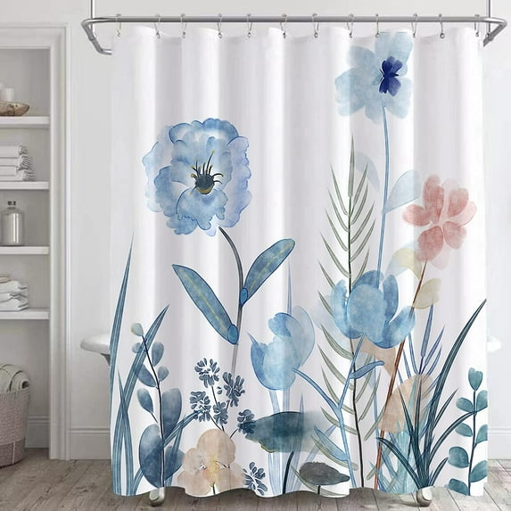 Watercolor Floral Shower Curtain Sets,Blue Blush Flowers Bathroom Shower Curtains,Spring Wildflower Plant Bath Curtains with 12 Hooks 72x72in,Waterproof Fabric