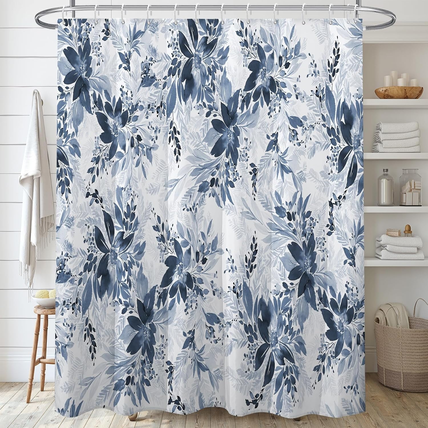 Watercolor Floral Shower Curtain Sets,Blue and White Flowers Bathroom ...