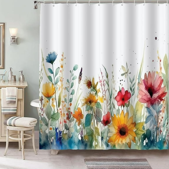 Watercolor Floral Shower Curtain Sets,Cute Art Pastel Yellow Blue Flowers Bathroom Curtains,Green Leaves Branches Wild Herbs Bath Curtain, Waterproof Fabric with 12 Hooks 72x72 Inches