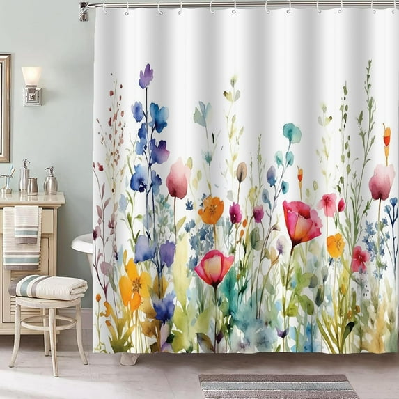 Watercolor Floral Shower Curtain Sets,Cute Purple Teal and Orange Blue Flowers Bathroom Curtains,Art Green Leaves Wild Herbs Bath Curtain, Waterproof Fabric with 12 Hooks 72x72 Inches