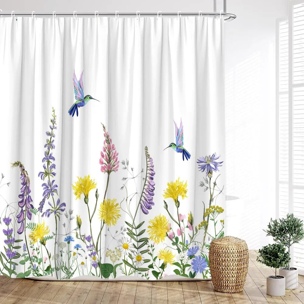 Watercolor Floral Shower Curtain Spring Botanical Butterfly Bird ...