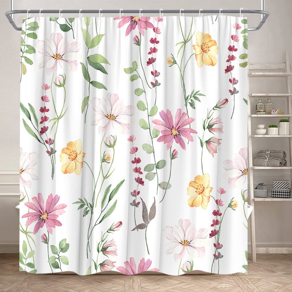 Watercolor Floral Shower Curtain Spring Botanical Green Leaf Farm