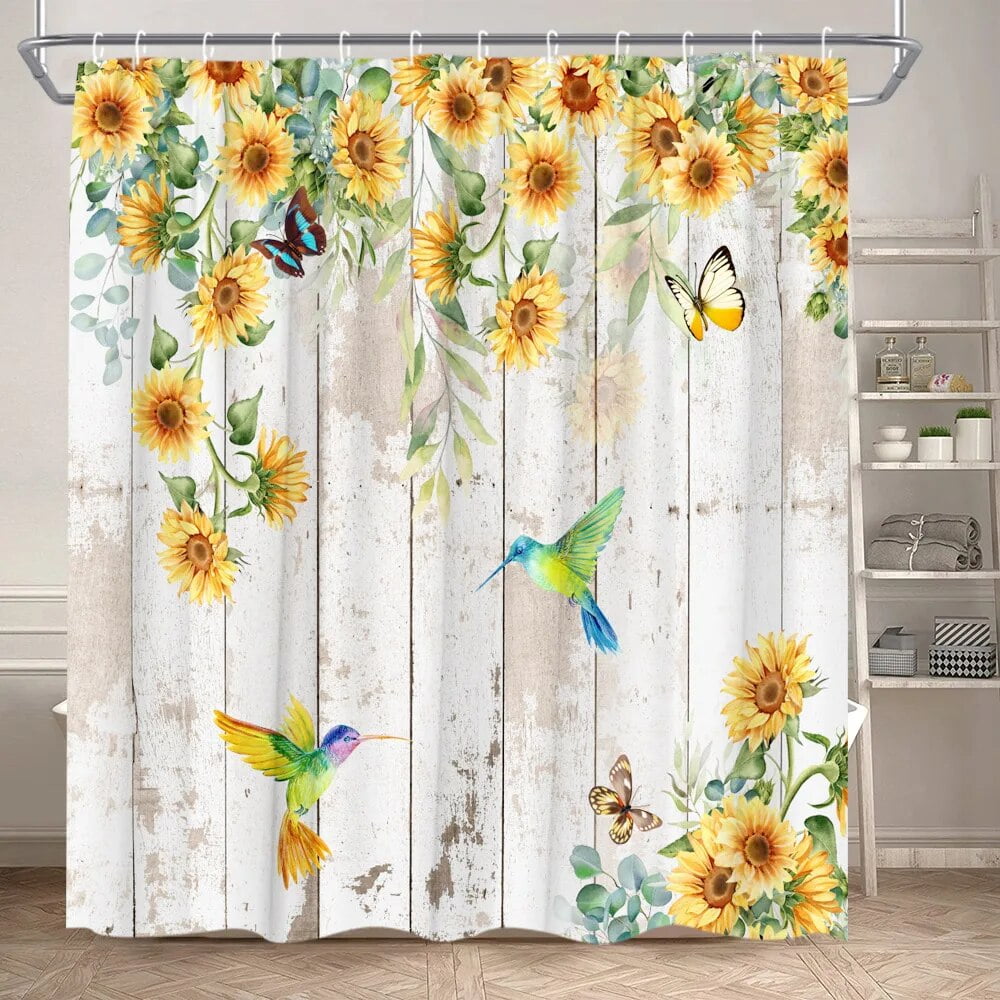 Watercolor Floral Shower Curtain Spring Farm Butterfly Hummingbird