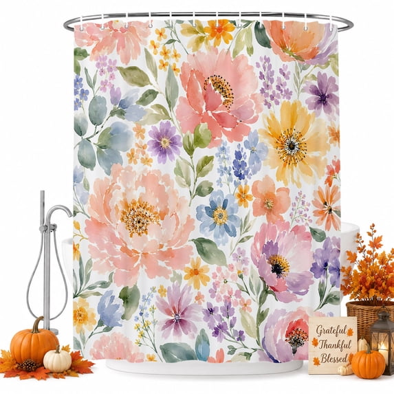 Watercolor Floral Shower Curtain, Waterproof Shower Curtains for Bathroom, Blooms Flowers Bright Wildflowers Washable Fabric Bathtub Curtain Set Bath Decor with 12 Hooks Long 72"x84"