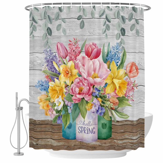 Watercolor Floral Shower Curtain, Waterproof Shower Curtains for Bathroom, Spring Botanical Flowers Leaves Wood Grain Washable Fabric Bathtub Curtain Set Bath Decor with 12 Hooks Standard 72"x72"