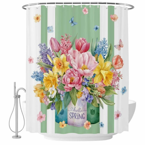 Watercolor Floral Shower Curtain, Waterproof Shower Curtains for Bathroom, Spring Flowers Butterflies Leaves Green Washable Fabric Bathtub Curtain Set Bath Decor with 12 Hooks 48"x72"