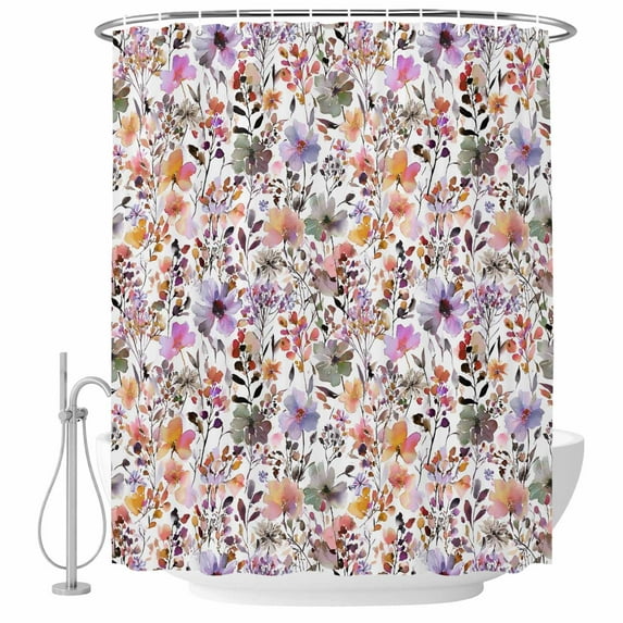 Watercolor Floral Shower Curtain, Waterproof Shower Curtains for Bathroom, Spring Flowers Plants Modern Rustic Washable Fabric Bathtub Curtain Set Bath Decor with 12 Hooks 72"x78"